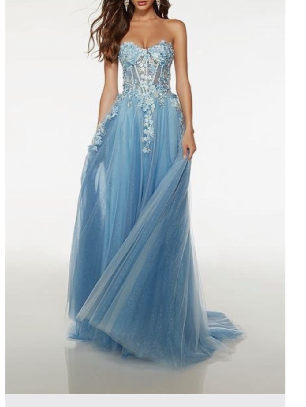 Alyce Paris Strapless Light Blue Floral-Appliqué Tulle Gown